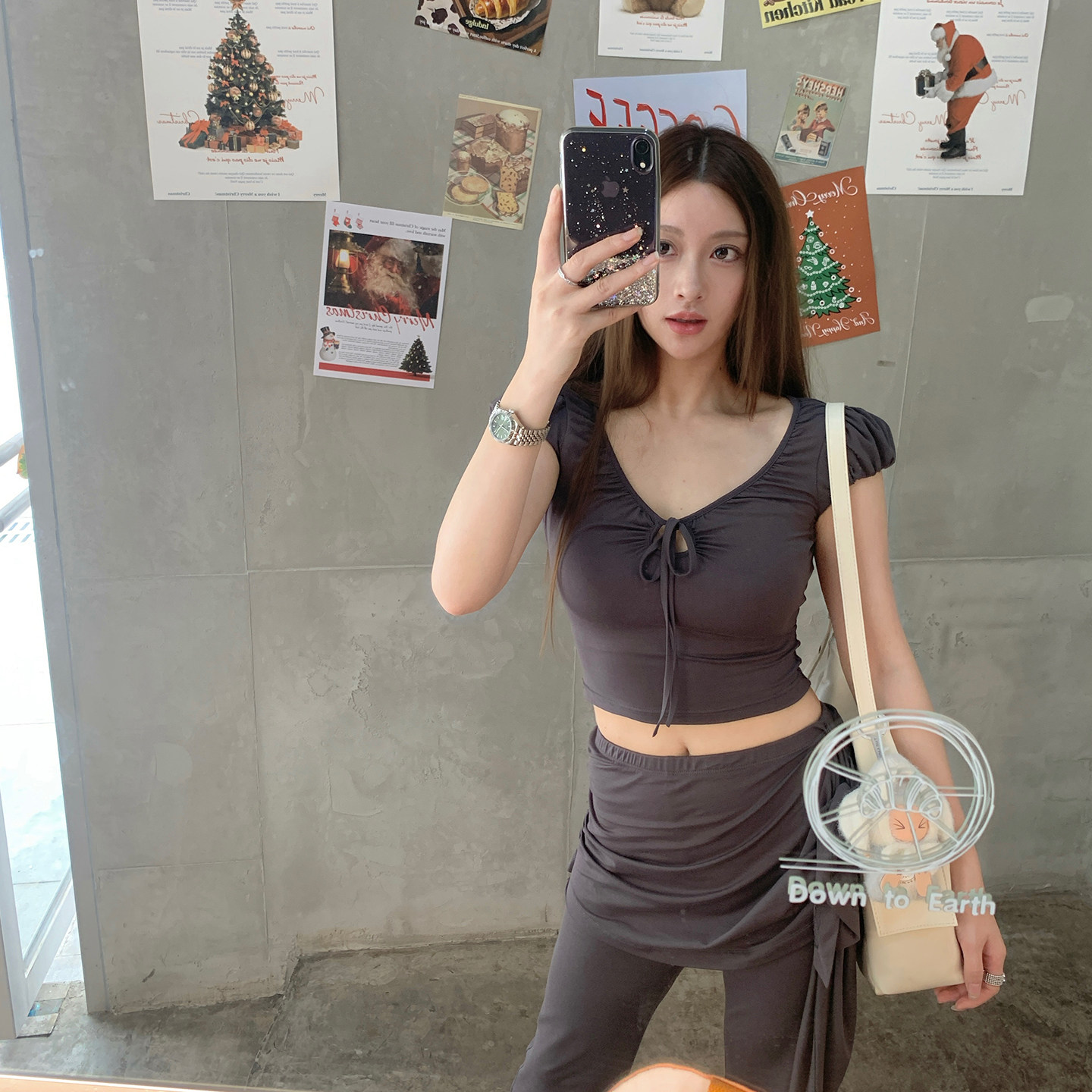 linalina/白女云朵系列显瘦高弹T恤显腿长假两件系带喇叭裤套装女