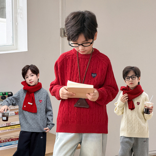 男童毛衣2025冬季新款儿童圆领加厚保暖新年红刺绣麻花针织衫冬装