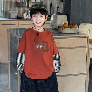 男童长袖T恤2026春季新款儿童潮酷字母印花假两件圆领上衣春装潮