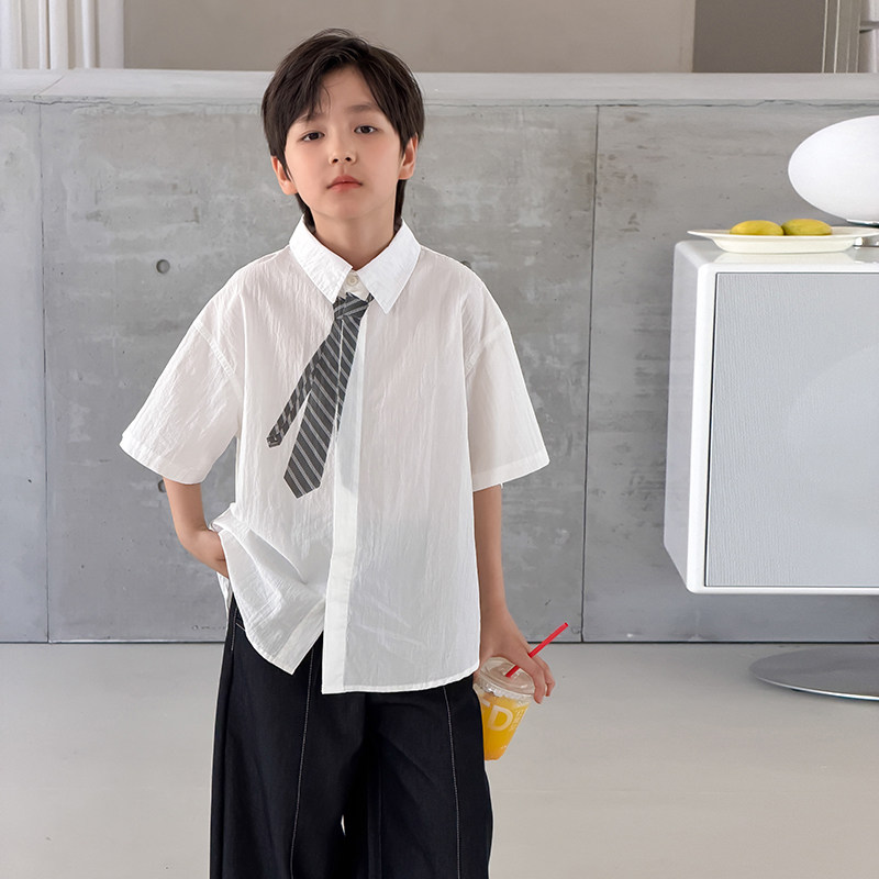 男童衬衫短袖2026夏季新款儿童学院风竹节棉白衬衣男宝夏装洋气潮