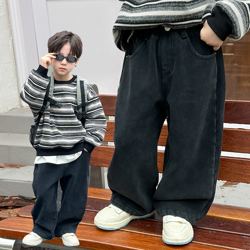 男童裤子2024冬季新款童装加绒加厚保暖水洗棉休闲裤做旧直筒裤潮