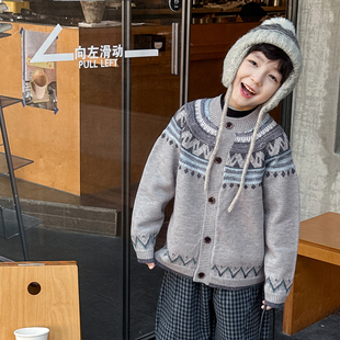 男童费尔岛毛衣开衫2025冬季新款儿童加厚毛线衣宝宝冬装针织外套