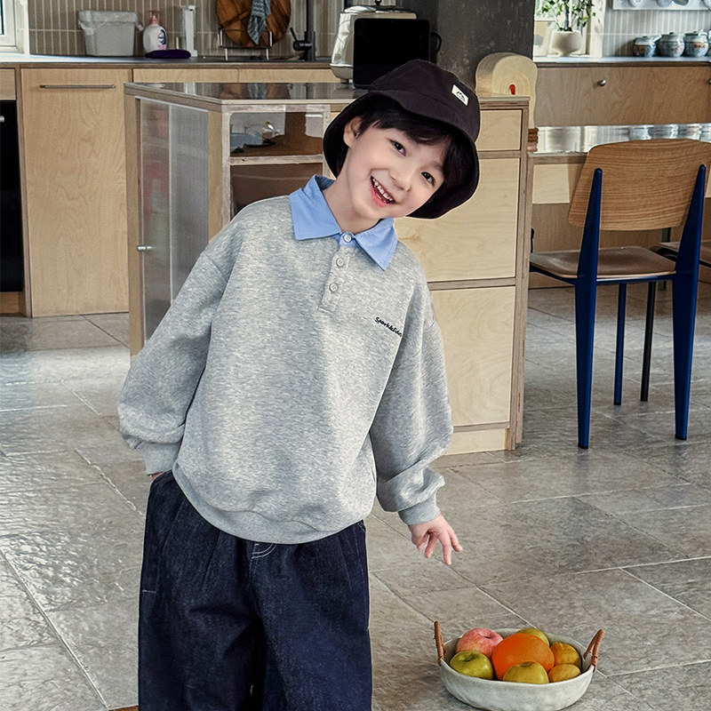 男童卫衣2026春季新款儿童翻领字母刺绣假两件上衣棉男宝春装洋气