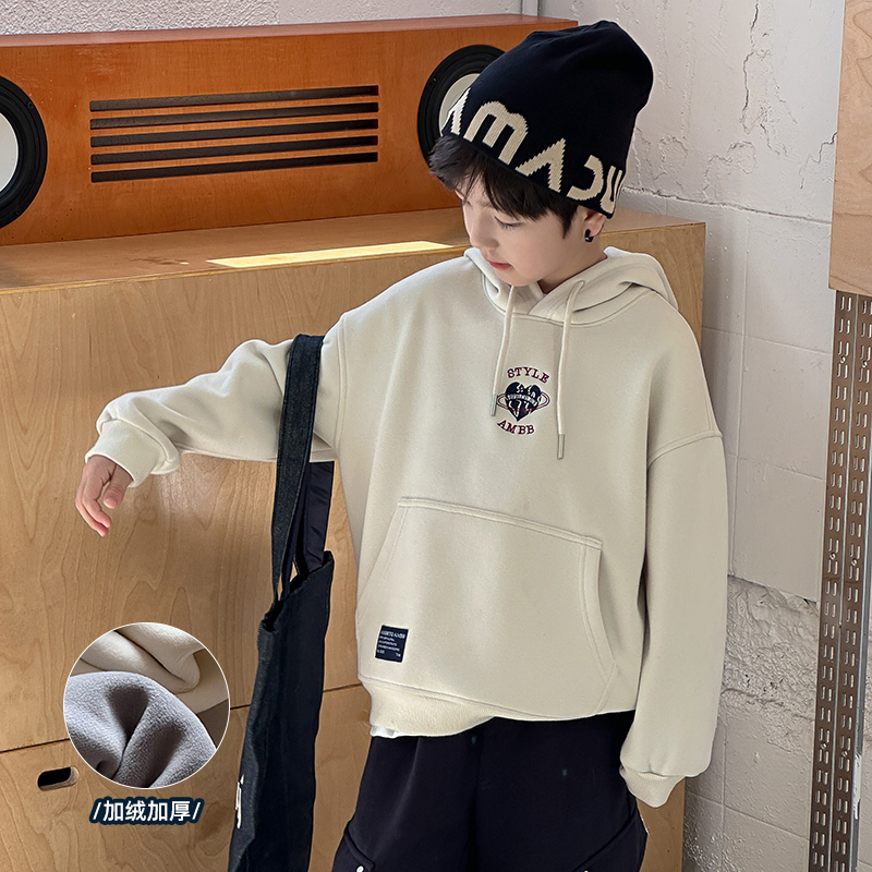 男童秋冬季韩版连帽加绒加厚卫衣