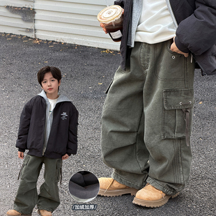 男童加绒裤子2025冬季新款儿童加厚奥粒绒工装裤可束脚冬装休闲裤