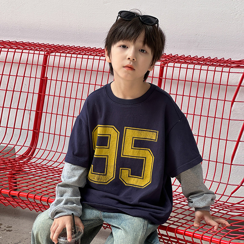 男童长袖T恤2025秋季新款儿童假两件打底衫纯棉痞帅运动春秋上衣t