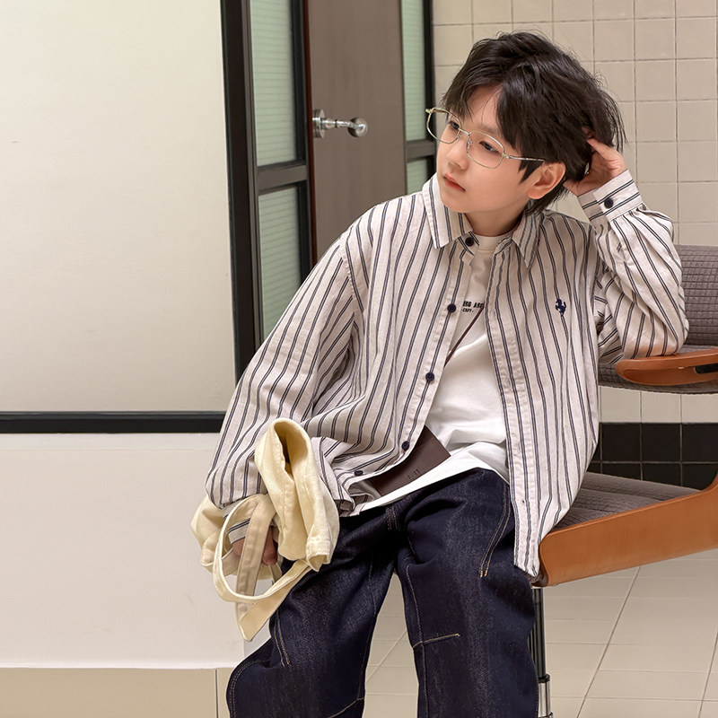 男童衬衫长袖2026秋季新款儿童全棉刺绣条纹衬衣外套宝宝秋装洋气
