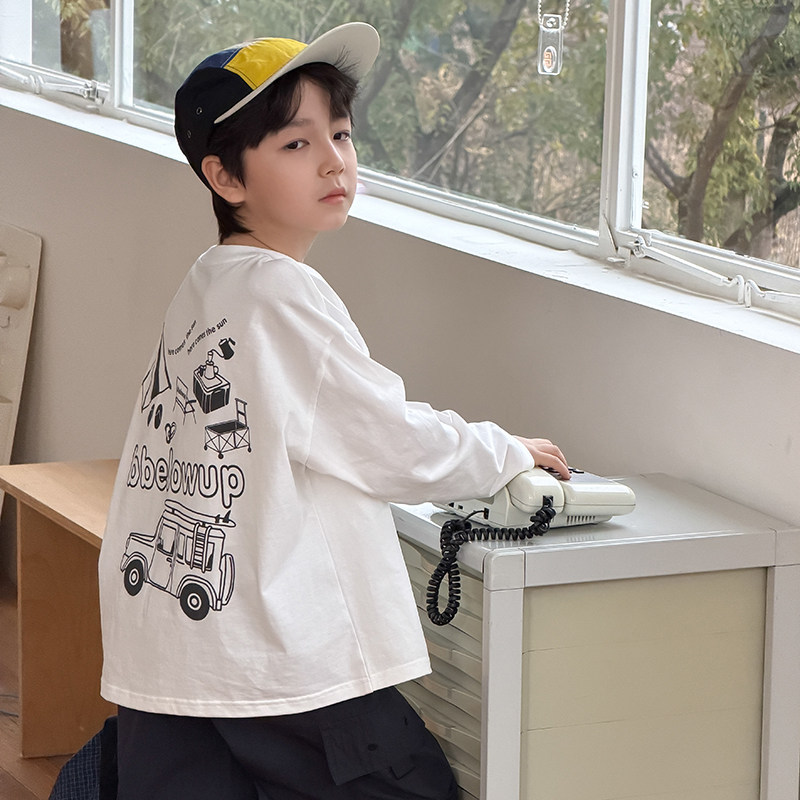 男童长袖T恤2026春季新款儿童纯棉卡通白色打底衫男孩春装上衣潮