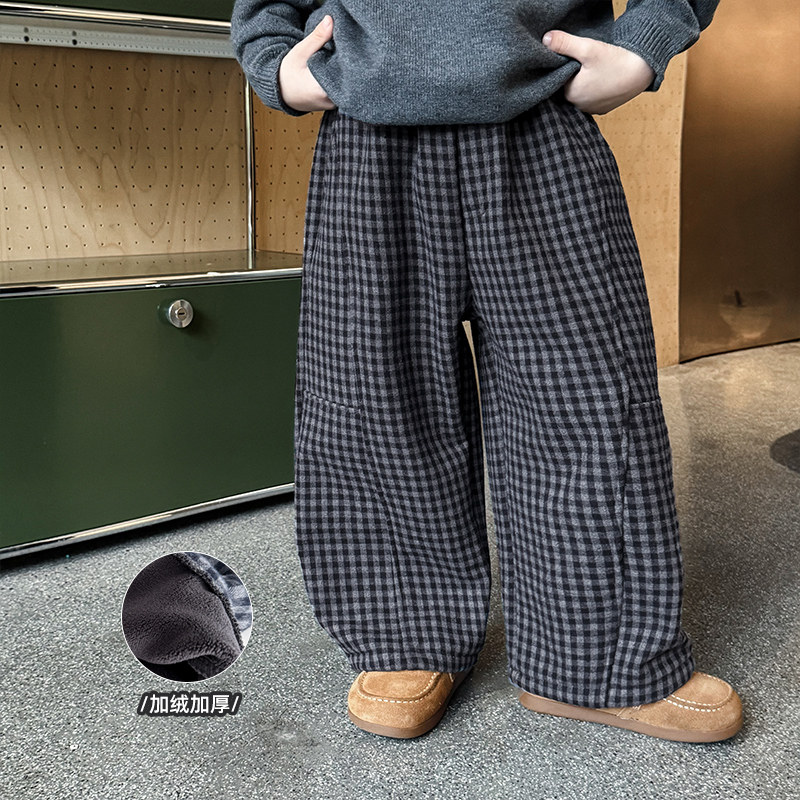 男童加绒裤子2025冬季新款儿童加厚保暖一体绒毛呢格子裤男宝冬潮