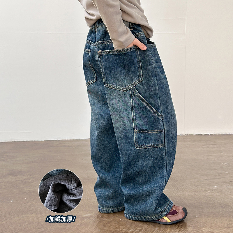 男童加绒牛仔裤儿童加厚做旧直筒休闲裤2025冬季新款宝宝冬装洋气