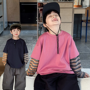 男童长袖T恤2026春季新款儿童百搭条纹假两件上衣棉男宝春装洋气