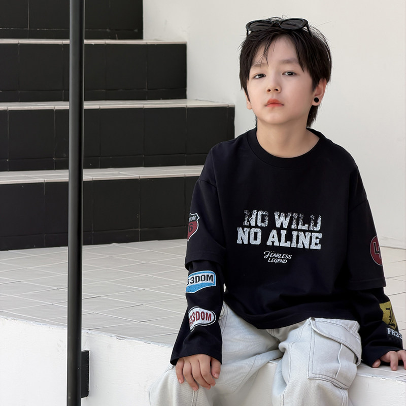 男童卫衣2026秋季新款儿童酷帅机车风拼接袖假两件上衣棉宝宝秋装