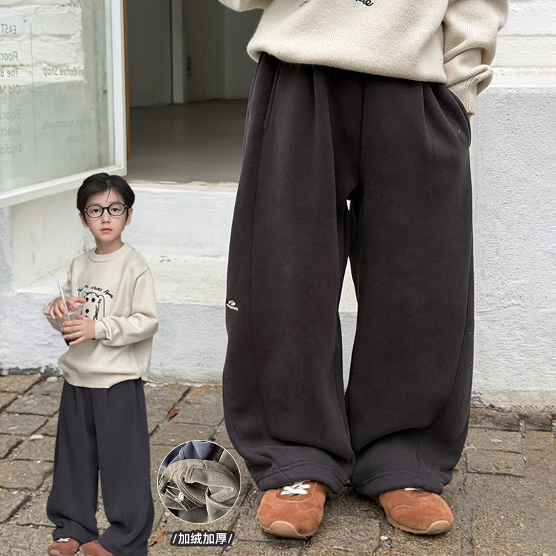 男童裤子2025冬季新款儿童加绒加厚复古刺绣弯刀裤可束脚男宝冬装