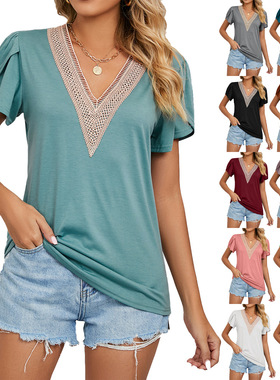 summer women short sleeves ladies T-shirt tops金色V领短袖T恤