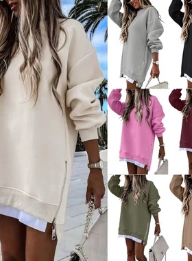 拼接侧边拉链套头卫衣女long sleeved women sweater ladies tops