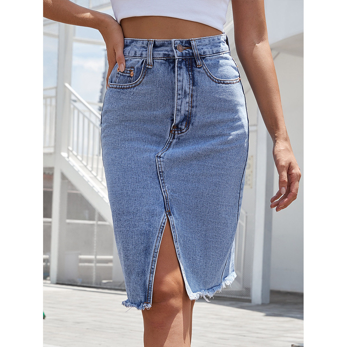 Women High Waist Denim Jeans Skirts Mid-length牛仔半身开叉裙,女装/女士精品,半身裙,淘宝优惠券,粉丝福利购,淘宝优惠卷