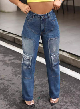 denim trousers jeans women ladies pants 女工装口袋牛仔长裤子