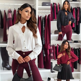 Women shirt long sleeve tops Ladies blouse衬衫长袖翻领镂空女