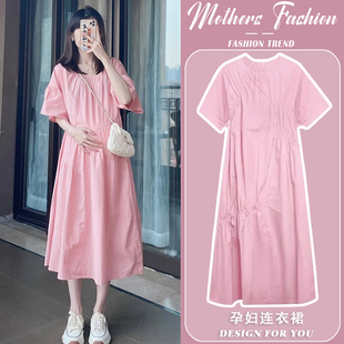 孕妇连衣裙2026新款夏季粉色泡泡短袖薄款拼接时尚减龄宽松中长款