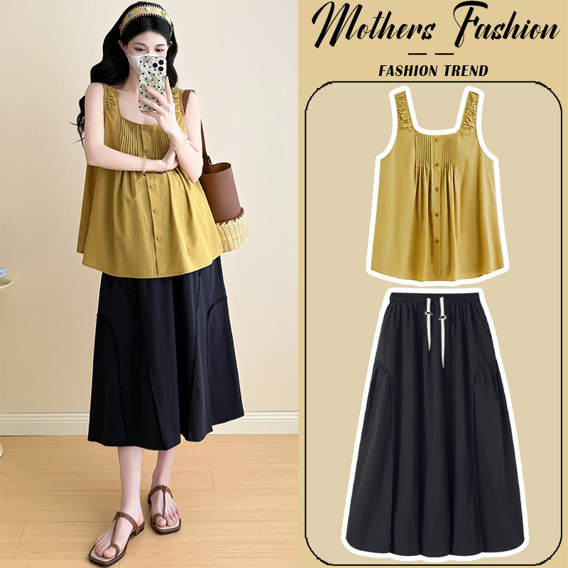 孕妇连衣裙套装夏季2026新款韩版芥黄色无袖薄款上衣半身裙两件套,孕妇装/孕产妇用品/营养,连衣裙,淘宝优惠券,粉丝福利购,淘宝优惠卷