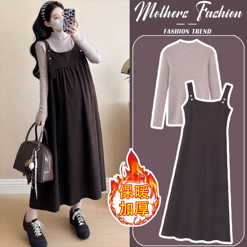 孕妇连衣裙套装2025新款韩版咖色
