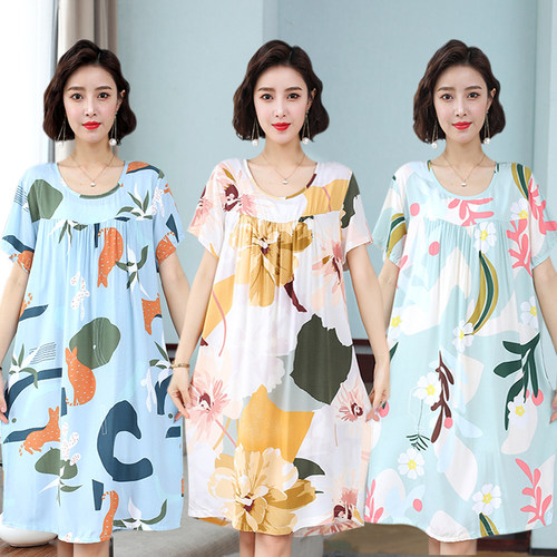 棉绸睡衣女大码睡裙休闲风家居服