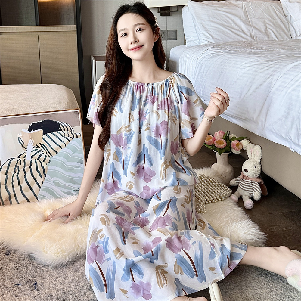 韩版睡群女短袖纯棉绸中长款连衣裙可外穿加大码休闲少女睡衣家居