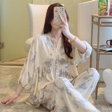 新款睡衣女100%棉绸开衫长袖长裤套装中式可外穿加大码简约家居服