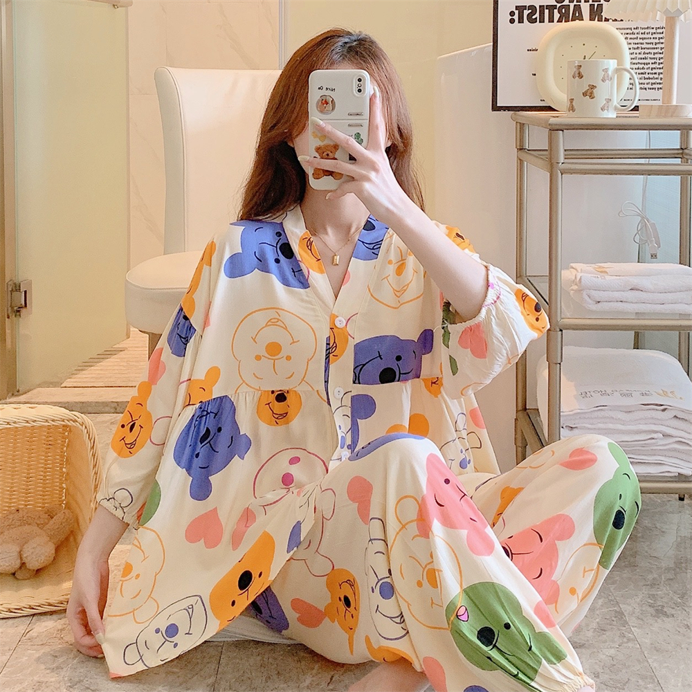纯棉绸睡衣女套装开衫v领短袖长裤夏季宽松可爱薄款加大码家居服