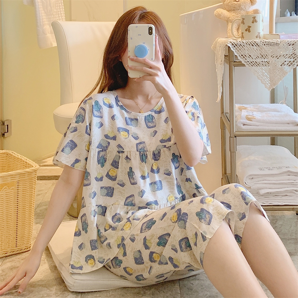 纯棉绸新款式睡衣女甜美夏季短袖短裤凉快舒适透气可外穿简约高档