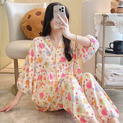 2025新款纯棉绸睡衣女长袖春秋夏季家居服宽松大码高档人造棉套装