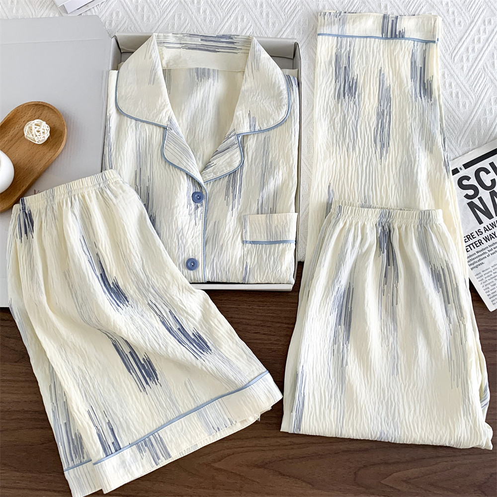 三件套云朵棉睡衣女水墨印花皱布泡泡纱手感柔软新款短袖长裤家居