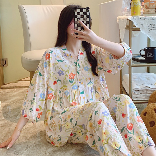 100%棉绸睡衣女甜美高档可外穿家居7分袖长袖长裤套装开衫加大码