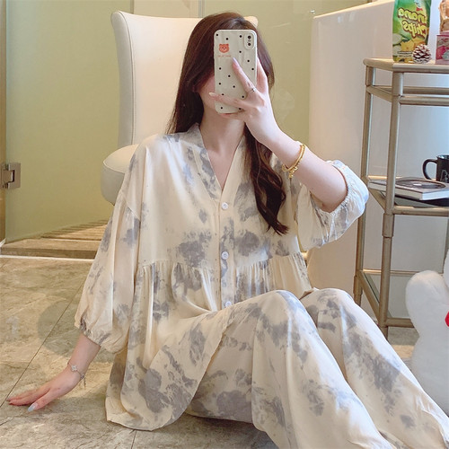 100%纯棉绸睡衣女新款可外穿加大码宽松春夏季甜美七分袖长裤家居