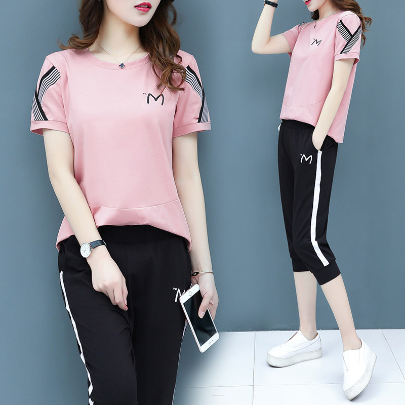 休闲运动套装纯棉短袖七分裤夏季2020新款女装时尚宽松大码两件套