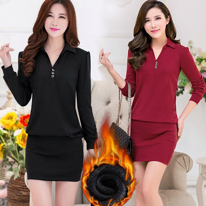 加肥加大码女装春装中长款加绒打底衫女包臀春秋胖mm长袖连衣裙