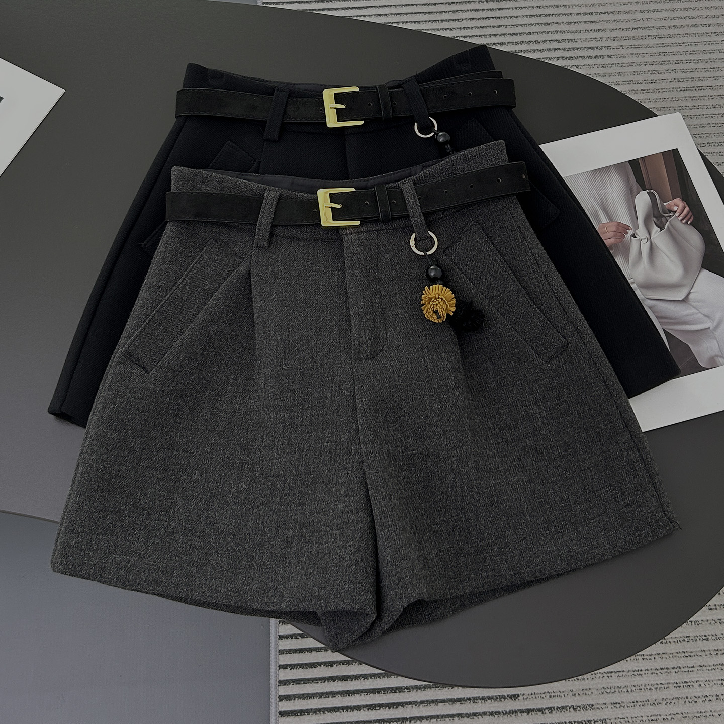 设计感腰带毛呢短裤女冬季外穿
