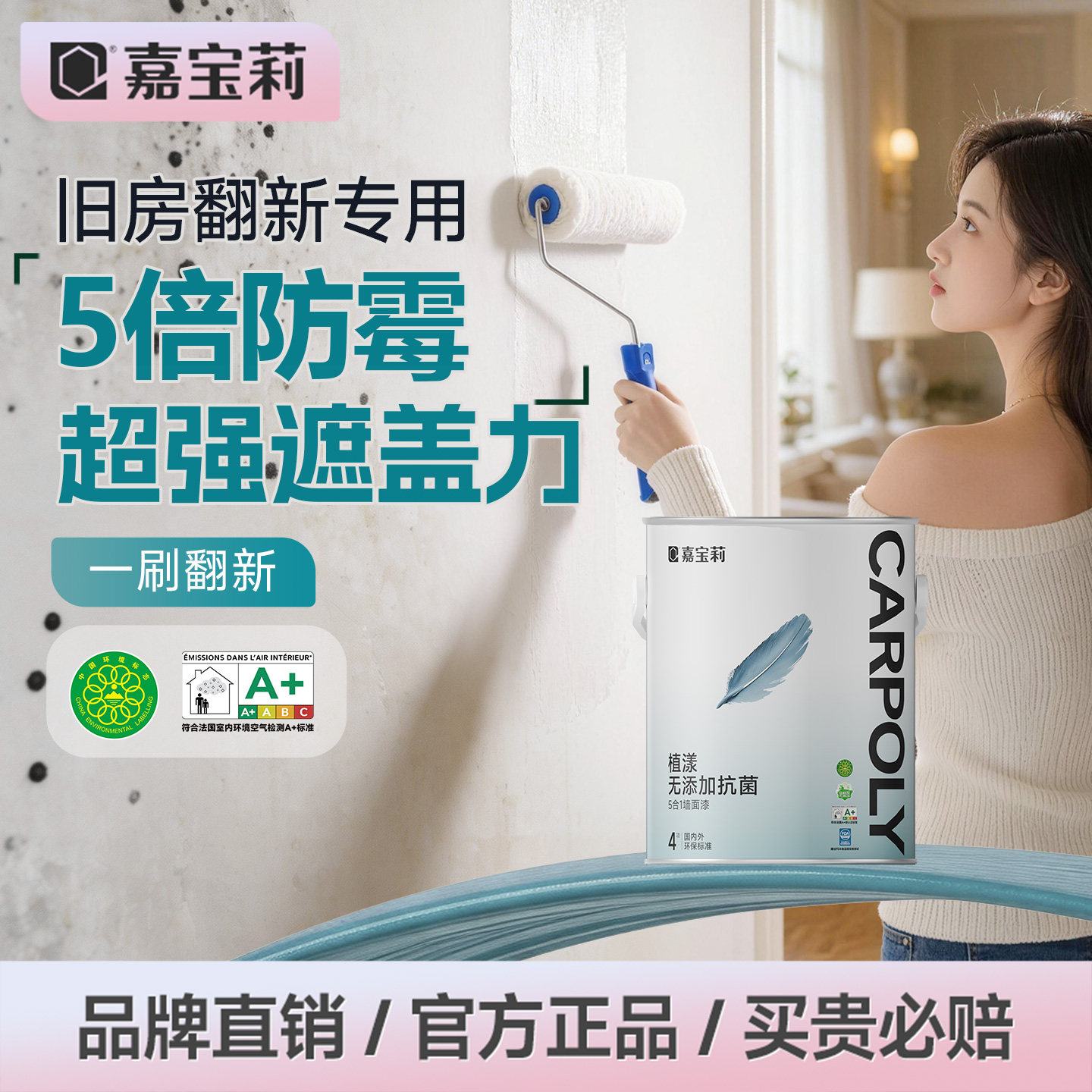 嘉宝莉乳胶漆防霉净味五合一室内自刷涂料油漆旧房翻新内墙面漆