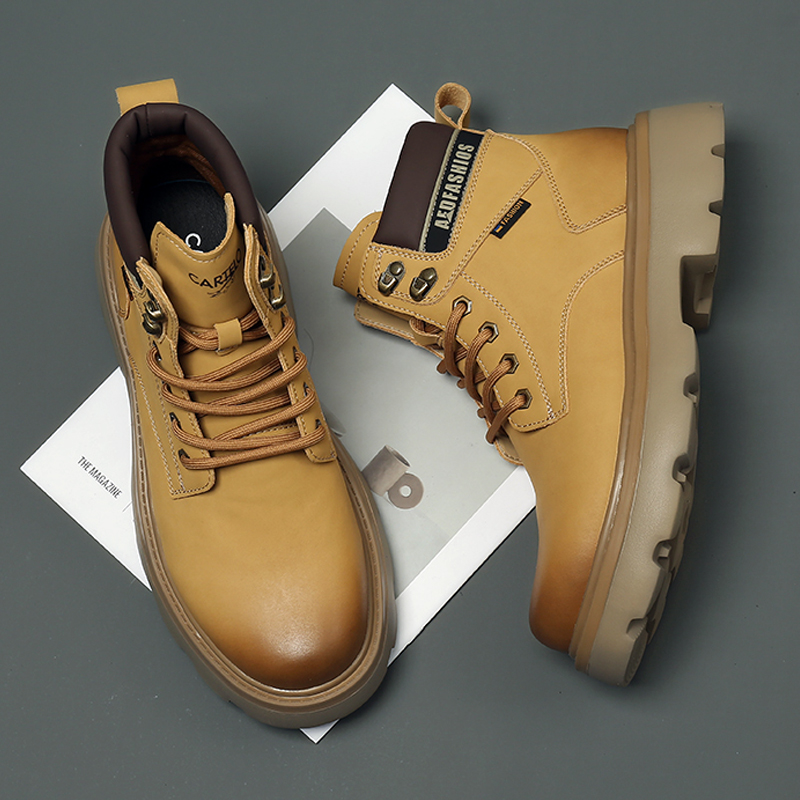 马丁靴男款真皮中帮厚底2025新款英伦风百搭高帮轻底工装大黄靴男