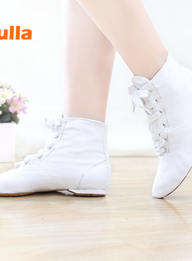 白色爵士舞鞋帆布高帮爵士靴舞蹈鞋女软底练功鞋爵士舞靴表演男士