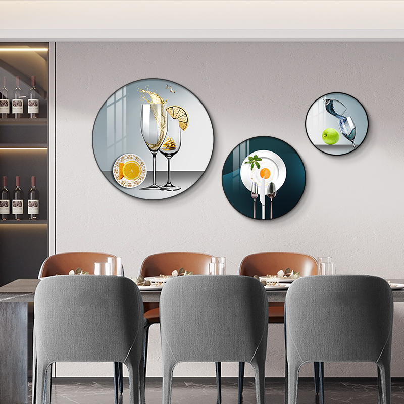 现代简约餐厅装饰画创意酒杯饭店墙画圆形三联画厅餐桌玄关挂画图片