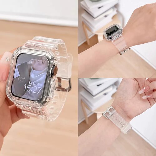 适用iwatch11/10表带一体冰川透明ultra2苹果手表applewatch9/8/7/6春夏se3保护壳套新款高级运动防水替换带