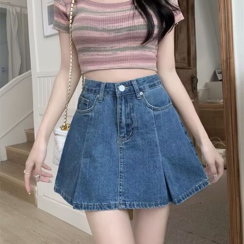 百褶牛仔短裙女夏季胖mm大码韩版休闲遮胯a字裙显瘦百搭半身裙裤