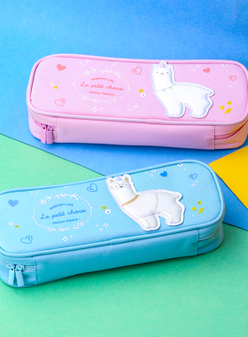 学生笔袋得力66874可爱羊驼牛津布铅笔盒大容量多功能帆布文具袋