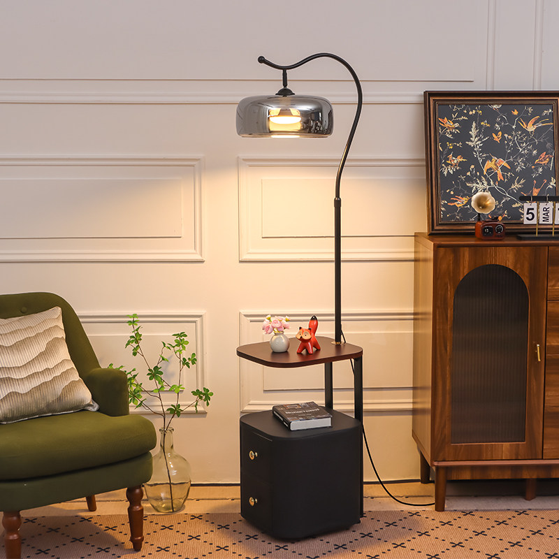 意式氛围置物架落地灯卧室客厅沙发边几高级感实木床头柜台灯一体