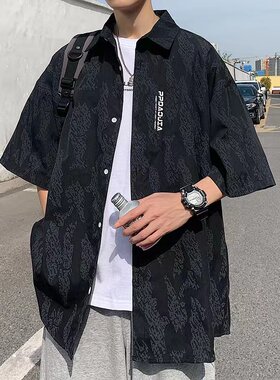 迷彩短袖衬衫男大码设计感港风