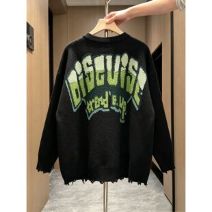 古着vintage撞色字母圆领毛衣男女秋冬港风chic学生情侣针织上衣