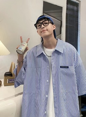 蓝色条纹衬衫男大码短袖夏季痞帅胖子ins港风日系休闲衬衣外套半