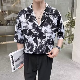 男装夏季韩国ulzzang扎染短袖衬衫大码潮宽松胖子半袖体恤衫上衣