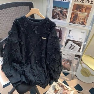 秋冬款大码胖子流苏毛衣男韩版潮流宽松圆领针织衫纯色慵懒风上衣